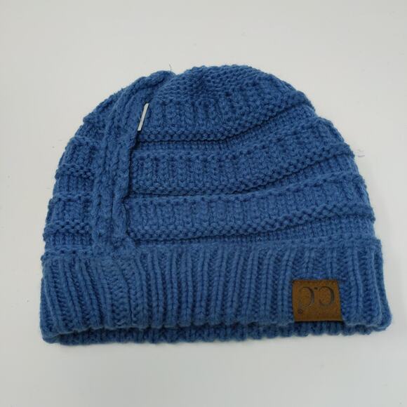 C.C. Exclusives Cable Knit Beanie Hat Blue Patch Logo 100% Acrylic - Picture 10 of 13